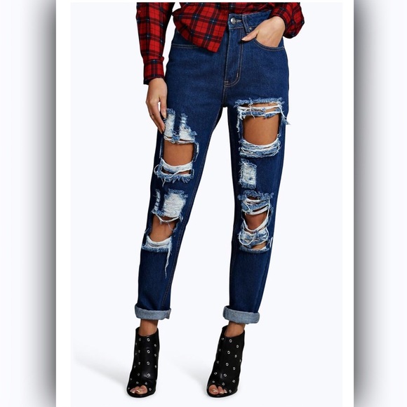 The Rockin Rev Denim - Distressed Mom Jeans Dark Blue